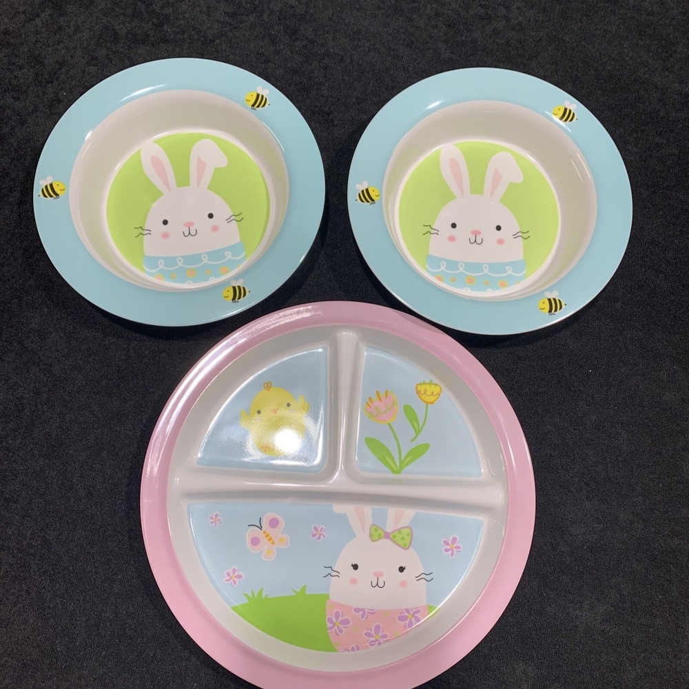 Set Of 3 - 2 Adorable EASTER Bowls & 1 Divided Plate. Kids / Children. Bunnies!